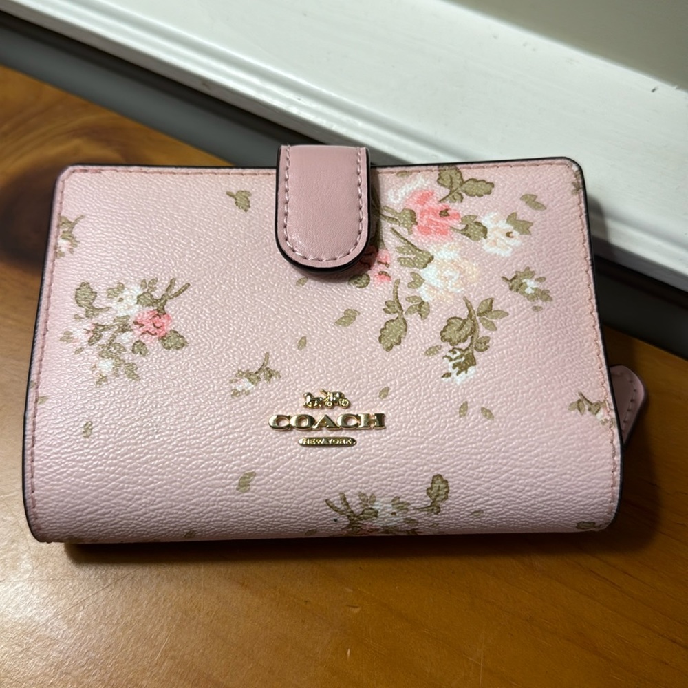 Coach Leather European Wallet Pink Cherry Blossom with Beige Leather Interior